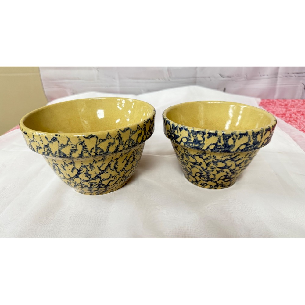 Vintage RRP Co Roseville Ohio Yellow Ware Blue Spongeware Nesting Bowls Set of 2